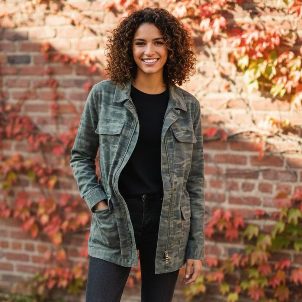 Caslon Women Olive British Camo Metallic Stitch Utility Jacket, Large